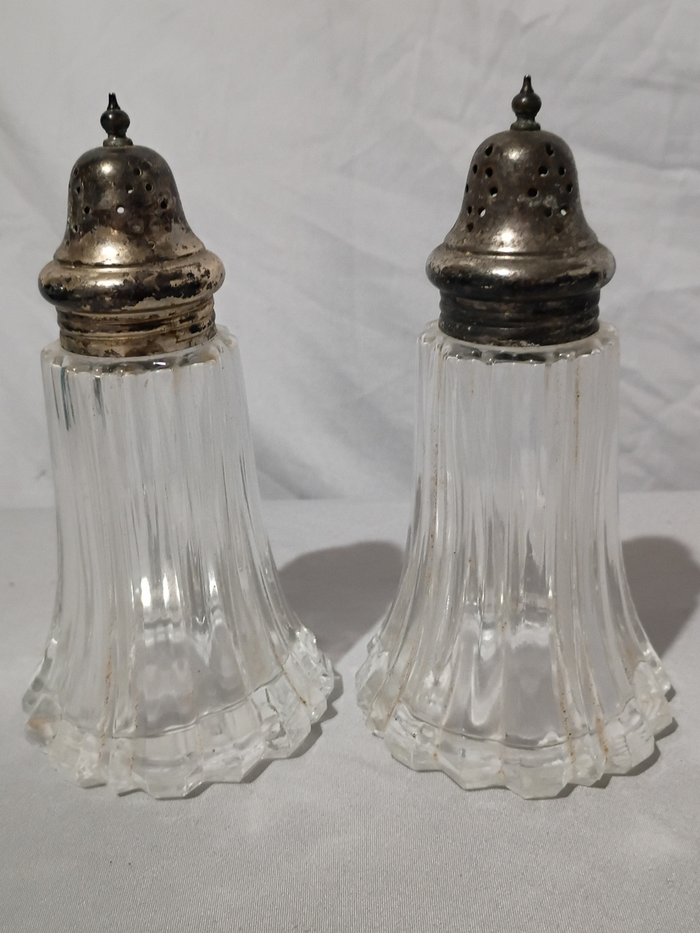 Vintage Fluted Glass Silver Plated Lids Salt & Pepper Shaker Set